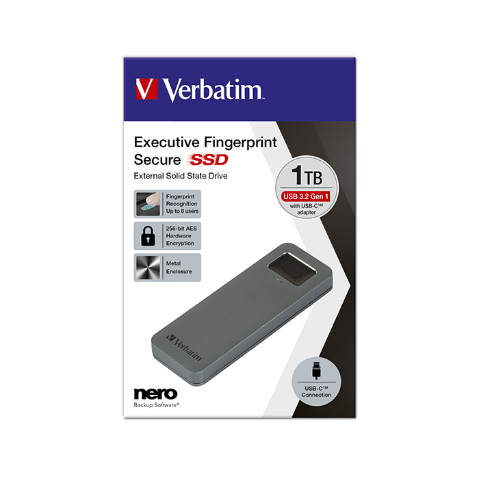 drive USB 1TB Fingerprint 344 MB/s 3.2 (53657) state Secure Portable solid - Bleepbox external Verbatim